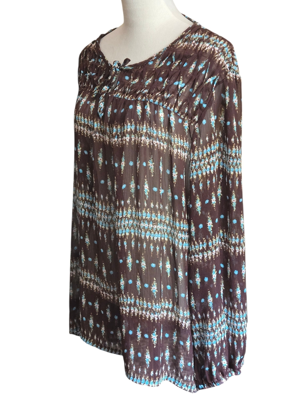 indigo soul Women's 3X Brown & Aqua Floral Peasant Blouse Boho Cottagecore Indie